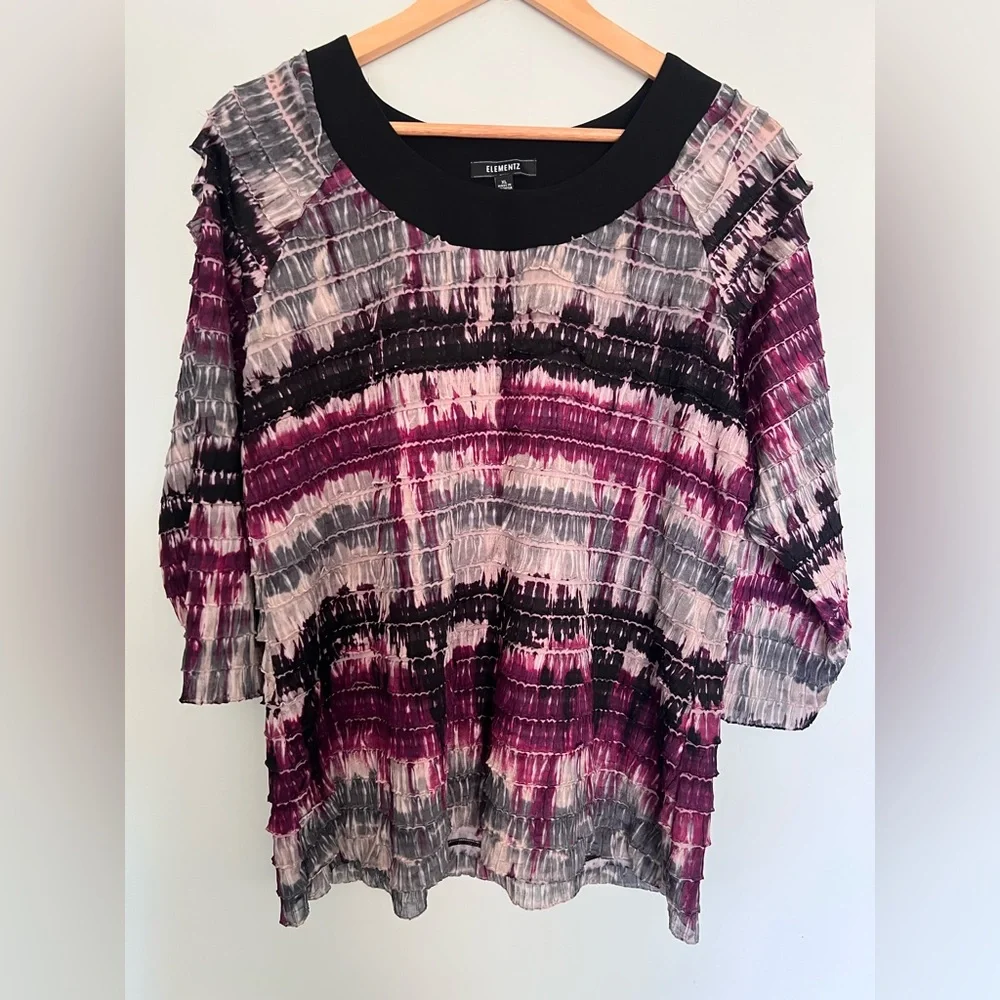 Women's Multicolor Short Ruffled Top with Black Rim Neckline - Elements - Picture 2 of 6